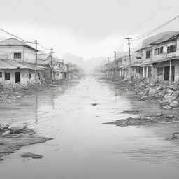 Design a minimalistic editorial cartoon that highlights the current issue of man-made disasters. The setting should be recognizably Philippine.