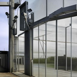 The entrance of a state-of-the-art maximum-security penitentiary heavily dotted with advanced security cameras, displaying the might of its robust surveillance system.