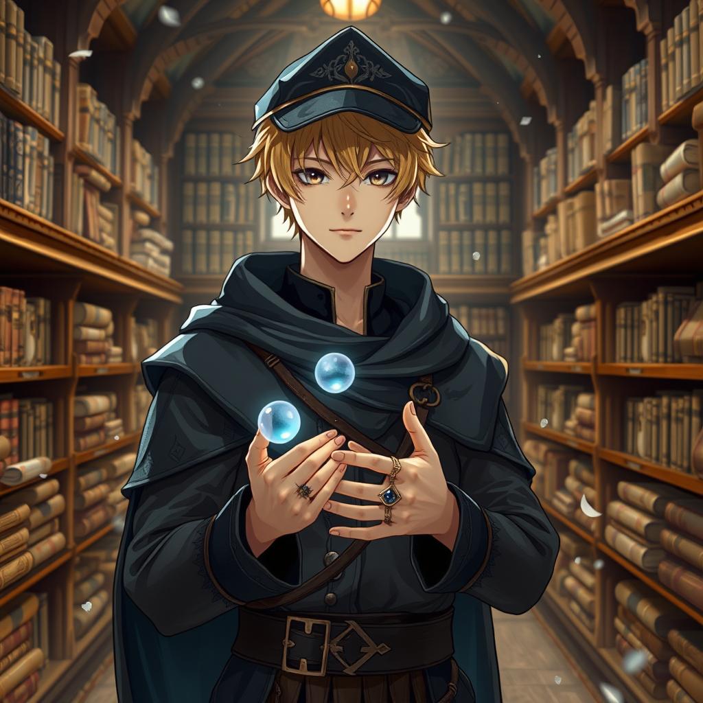 A 25-year-old male mage with short blonde hair and brown eyes, standing in a grand library filled with shelves of ancient books