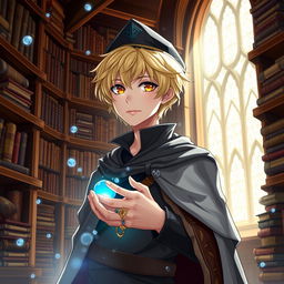 A 25-year-old male mage with short blonde hair and brown eyes, standing in a grand library filled with shelves of ancient books