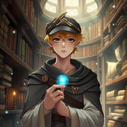 A 25-year-old male mage with short blonde hair and brown eyes, standing in a grand library filled with shelves of ancient books