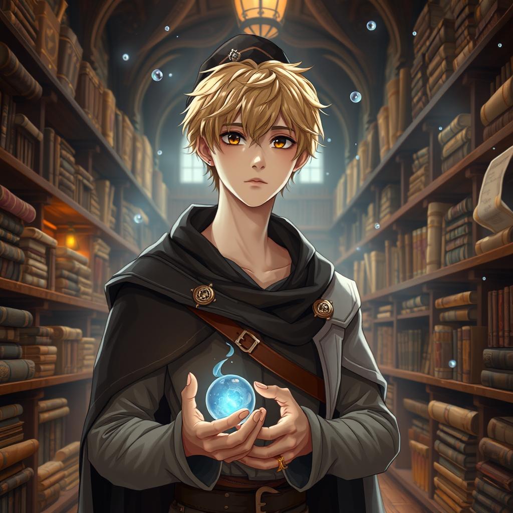 A 25-year-old male mage with short blonde hair and brown eyes, standing in a grand library filled with shelves of ancient books