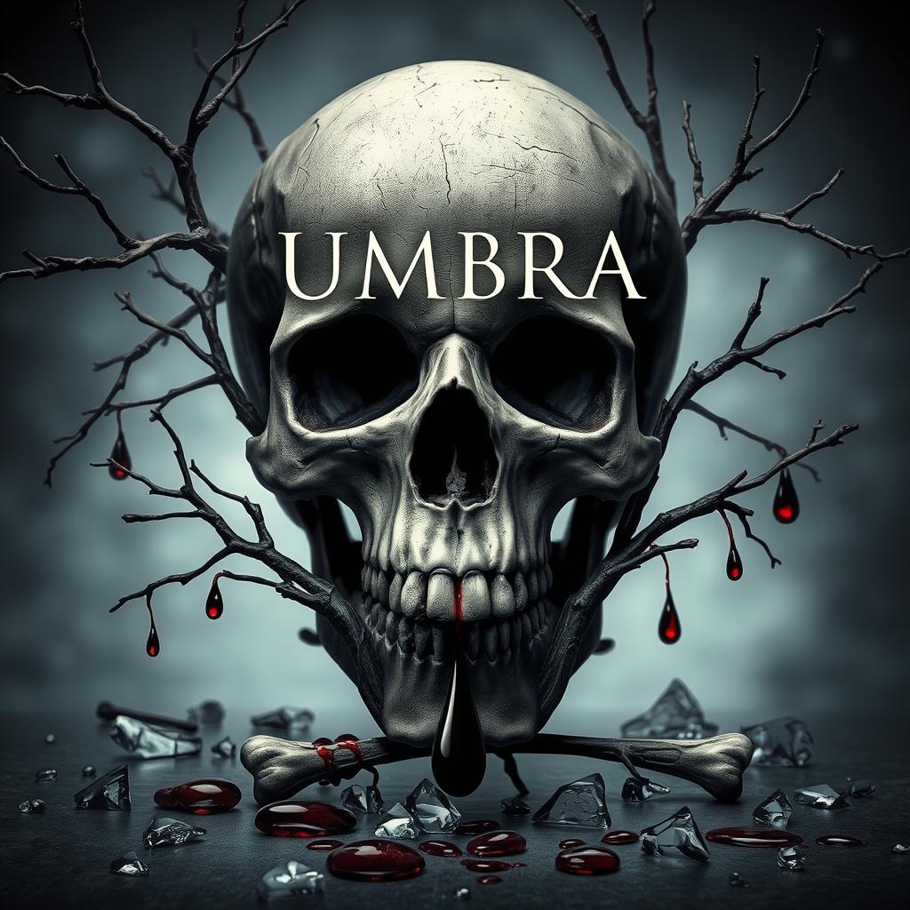 A captivating cover for the book titled 'UMBRA', featuring a prominent skull in the background that creates a mysterious and ominous atmosphere