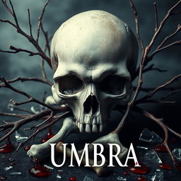 A captivating cover for the book titled 'UMBRA', featuring a prominent skull in the background that creates a mysterious and ominous atmosphere