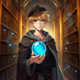 A 25-year-old male mage with short blonde hair and brown eyes, standing in a grand library filled with shelves of ancient tomes and scrolls