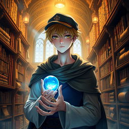 A 25-year-old male mage with short blonde hair and brown eyes, standing in a grand library filled with shelves of ancient tomes and scrolls