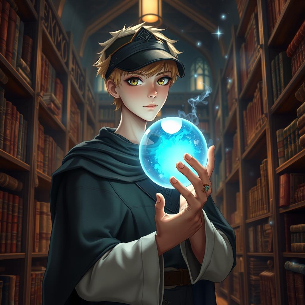 A 25-year-old male mage with short blonde hair and brown eyes, standing in a grand library filled with shelves of ancient tomes and scrolls