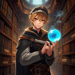 A 25-year-old male mage with short blonde hair and brown eyes, standing in a grand library filled with shelves of ancient tomes and scrolls