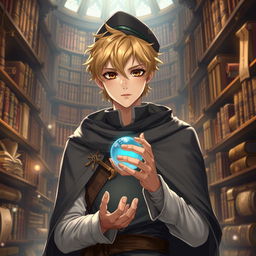 A 25-year-old male mage with short blonde hair and brown eyes, standing in a grand library filled with ancient books and scrolls