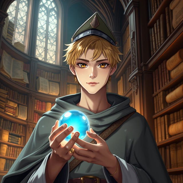 A 25-year-old male mage with short blonde hair and brown eyes, standing in a grand library filled with ancient books and scrolls