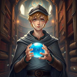 A 25-year-old male mage with short blonde hair and brown eyes, standing in a grand library filled with ancient books and scrolls