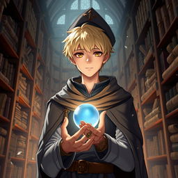 A 25-year-old male mage with short blonde hair and brown eyes, standing in a grand library filled with ancient books and scrolls