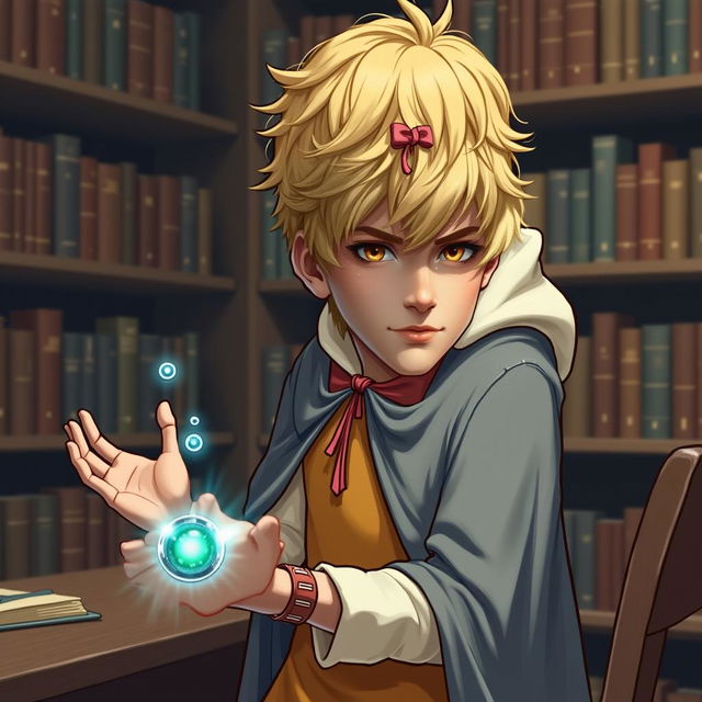 A 25-year-old male mage with short blonde hair and brown eyes, standing in a grand library filled with towering shelves of ancient tomes and scrolls