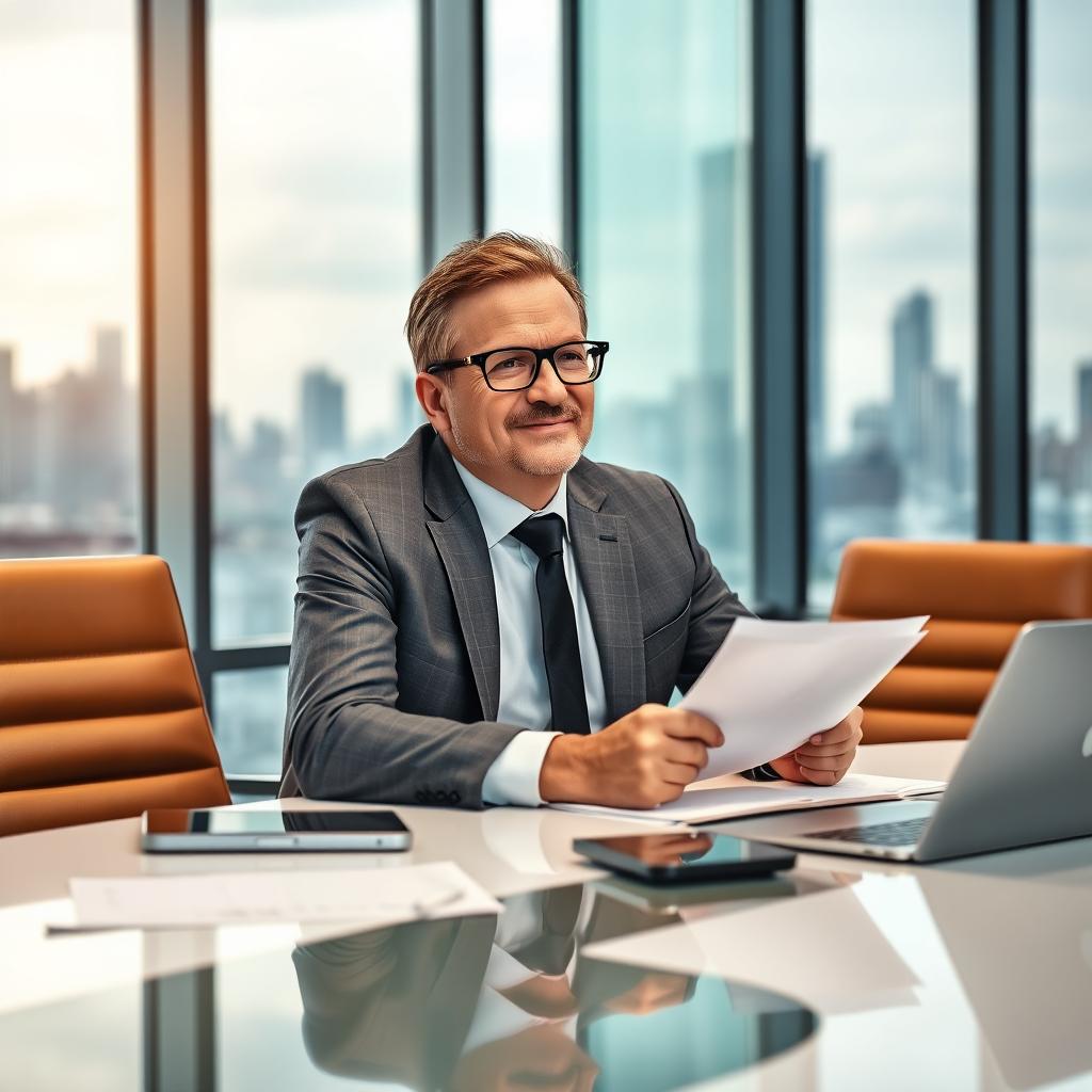 A smart, confident middle-aged man in a business setting, wearing a tailored suit and glasses, sitting at a sleek conference table surrounded by digital devices and documents, with a thoughtful smile, exuding intelligence and leadership