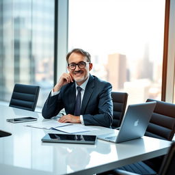 A smart, confident middle-aged man in a business setting, wearing a tailored suit and glasses, sitting at a sleek conference table surrounded by digital devices and documents, with a thoughtful smile, exuding intelligence and leadership