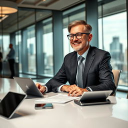 A smart, confident middle-aged man in a business setting, wearing a tailored suit and glasses, sitting at a sleek conference table surrounded by digital devices and documents, with a thoughtful smile, exuding intelligence and leadership