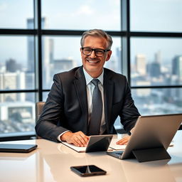 A smart, confident middle-aged man in a business setting, wearing a tailored suit and glasses, sitting at a sleek conference table surrounded by digital devices and documents, with a thoughtful smile, exuding intelligence and leadership