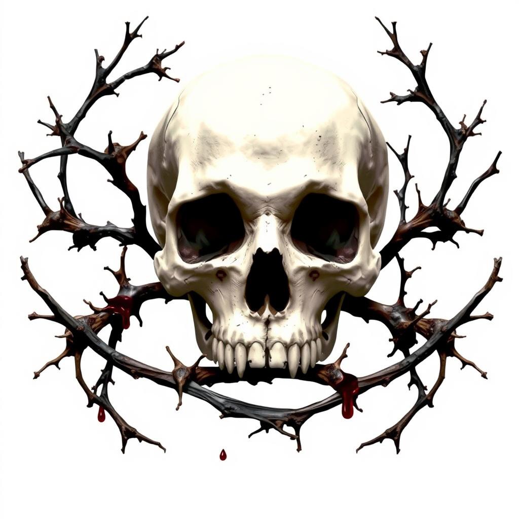 A striking image featuring a skull prominently placed in the background, surrounded by intricately detailed dry branches with sharp thorns that elegantly intertwine with the bones