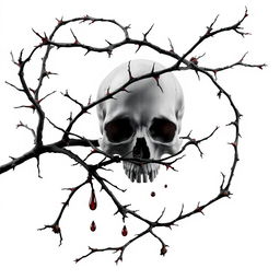 A striking image featuring a skull prominently placed in the background, surrounded by intricately detailed dry branches with sharp thorns that elegantly intertwine with the bones