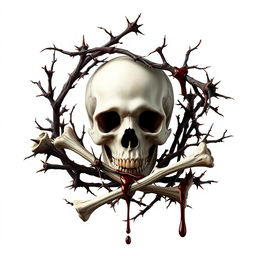 A striking image featuring a skull prominently placed in the background, surrounded by intricately detailed dry branches with sharp thorns that elegantly intertwine with the bones