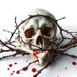 A captivating full image featuring a skull prominently placed in the background, with dry branches adorned with sharp thorns intricately intertwining with the bones