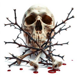 A captivating full image featuring a skull prominently placed in the background, with dry branches adorned with sharp thorns intricately intertwining with the bones