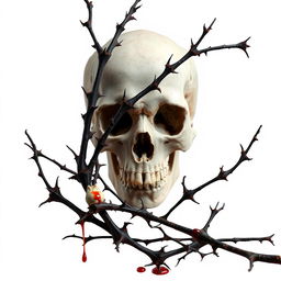 A captivating full image featuring a skull prominently placed in the background, with dry branches adorned with sharp thorns intricately intertwining with the bones