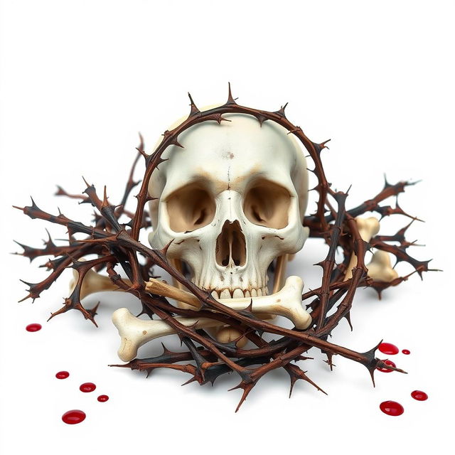 A captivating full image featuring a skull prominently placed in the background, with dry branches adorned with sharp thorns intricately intertwining with the bones