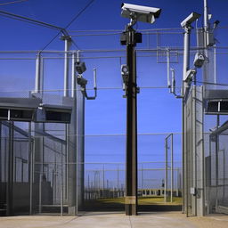 The entrance of a state-of-the-art maximum-security penitentiary heavily dotted with advanced security cameras, displaying the might of its robust surveillance system.