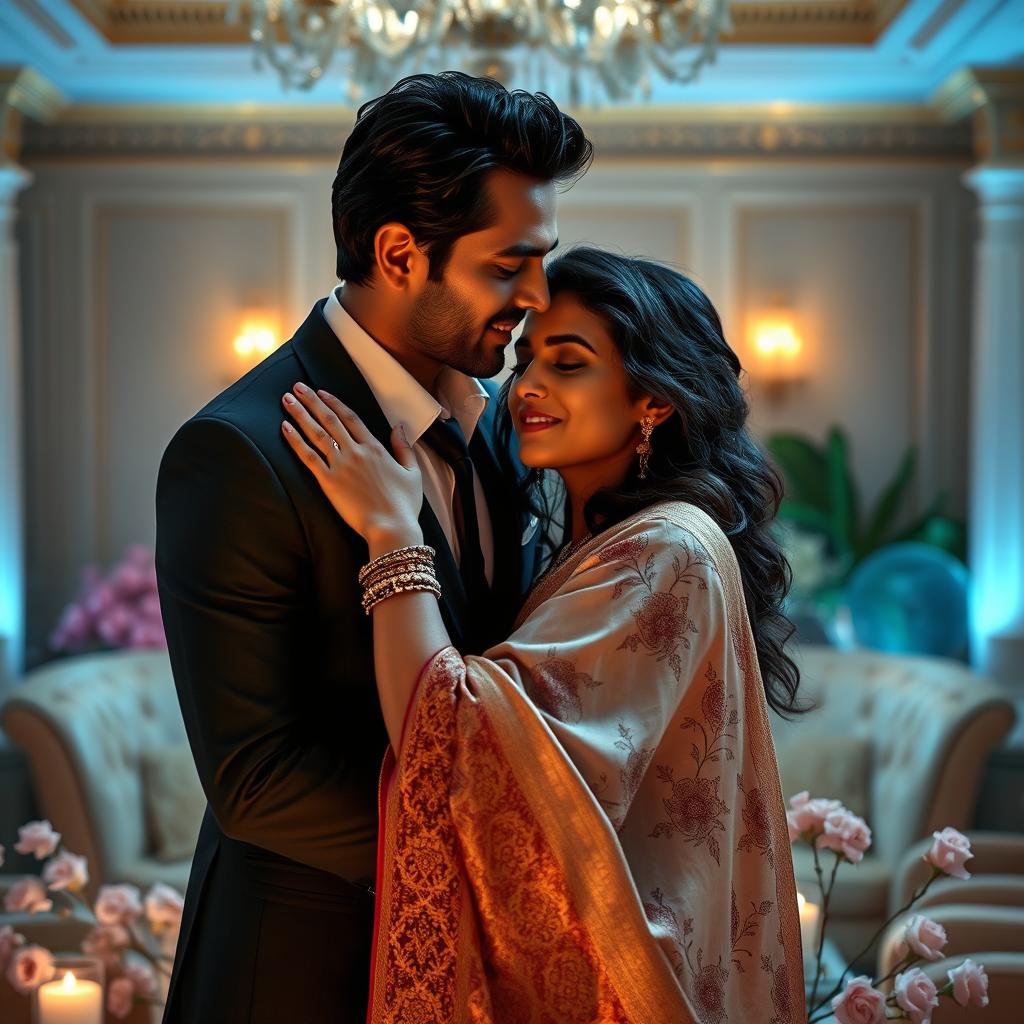 A romantic scene featuring a charismatic man, inspired by the look of a famous adult film star, engaging in a passionate embrace with a stunning Bollywood actress known for her elegance and glamour