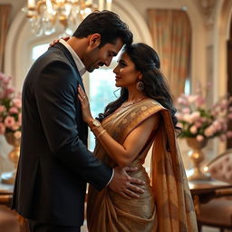 A romantic scene featuring a charismatic man, inspired by the look of a famous adult film star, engaging in a passionate embrace with a stunning Bollywood actress known for her elegance and glamour