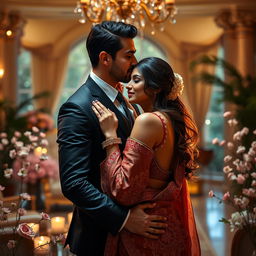 A romantic scene featuring a charismatic man, inspired by the look of a famous adult film star, engaging in a passionate embrace with a stunning Bollywood actress known for her elegance and glamour