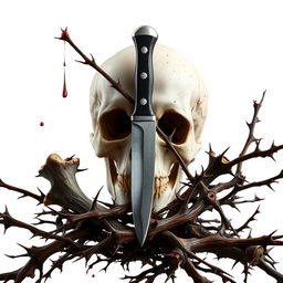 A detailed full image featuring a skull positioned prominently in the background, with dry branches adorned with sharp thorns intricately intertwining with the bones