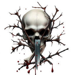 A detailed full image featuring a skull positioned prominently in the background, with dry branches adorned with sharp thorns intricately intertwining with the bones