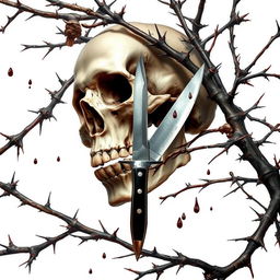 A detailed full image featuring a skull positioned prominently in the background, with dry branches adorned with sharp thorns intricately intertwining with the bones