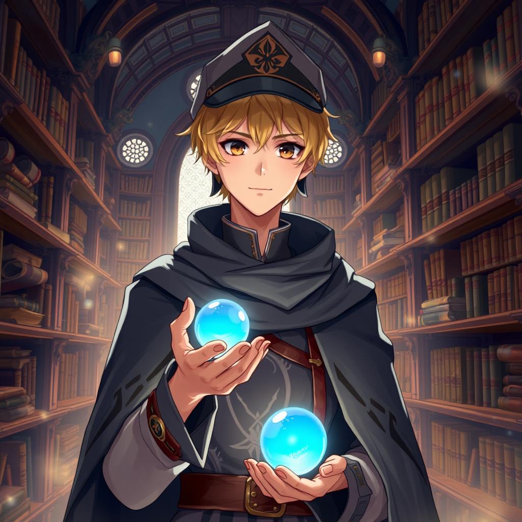 A 25-year-old male mage with short blonde hair and brown eyes, standing in a grand library filled with shelves of ancient books and scrolls