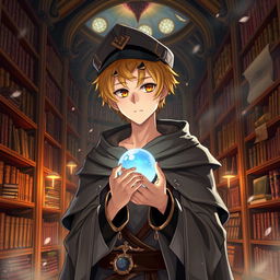 A 25-year-old male mage with short blonde hair and brown eyes, standing in a grand library filled with shelves of ancient books and scrolls