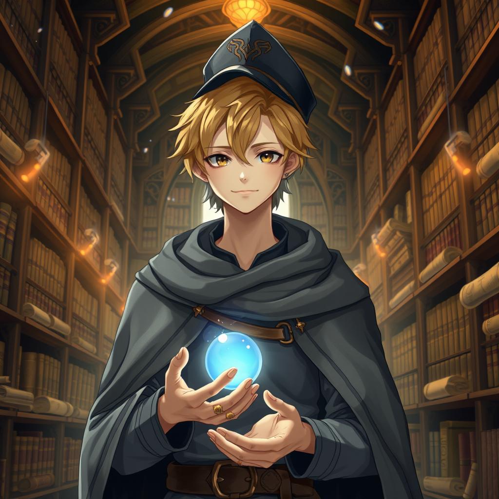 A 25-year-old male mage with short blonde hair and brown eyes, standing in a grand library filled with shelves of ancient books and scrolls