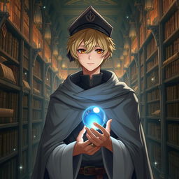 A 25-year-old male mage with short blonde hair and brown eyes, standing in a grand library filled with shelves of ancient books and scrolls