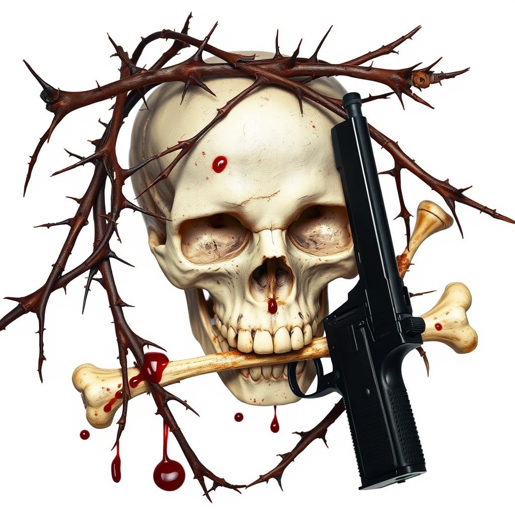 An intense full image featuring a skull prominently positioned in the background, complemented by dry branches with sharp thorns intricately intertwining with the bones