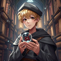 A 25-year-old male mage with short blonde hair and brown eyes, standing in a grand library filled with ancient books and scrolls