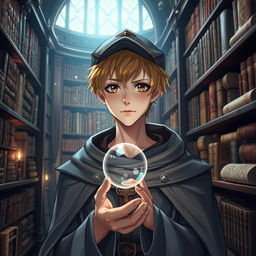 A 25-year-old male mage with short blonde hair and brown eyes, standing in a grand library filled with ancient books and scrolls