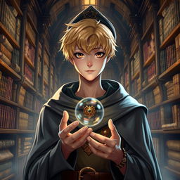 A 25-year-old male mage with short blonde hair and brown eyes, standing in a grand library filled with ancient books and scrolls