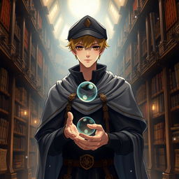 A 25-year-old male mage with short blonde hair and brown eyes, standing in a grand library filled with ancient books and scrolls