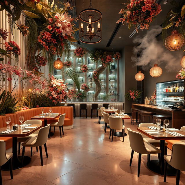 An enchanting restaurant interior called Floravia, designed with a magical garden theme