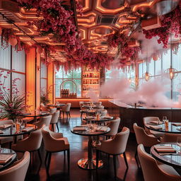 An enchanting restaurant interior called Floravia, designed with a magical garden theme