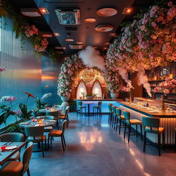 An enchanting restaurant interior called Floravia, designed with a magical garden theme