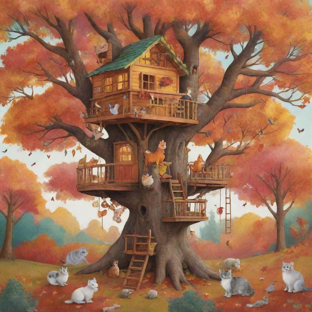 A cozy treehouse nestled among playful animals and colorful, autumnal trees.