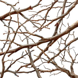 A collection of dry branches artistically arranged, showcasing their intricate textures and natural forms