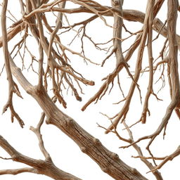 A collection of dry branches artistically arranged, showcasing their intricate textures and natural forms